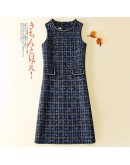 Bright silk blended tweed wool vest dress 2022 spring autumn  retro check navy blue A-line mini sleeveless dress women