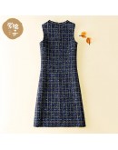 Bright silk blended tweed wool vest dress 2022 spring autumn  retro check navy blue A-line mini sleeveless dress women