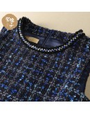 Bright silk blended tweed wool vest dress 2022 spring autumn  retro check navy blue A-line mini sleeveless dress women