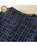 Bright silk blended tweed wool vest dress 2022 spring autumn  retro check navy blue A-line mini sleeveless dress women