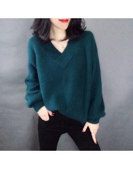 Autumn Winter Lantern Sleeve Cashmere Sweaters Women loose Pullover Soft V Neck bottoming Jersey Faux Alpaca knitted Sweater