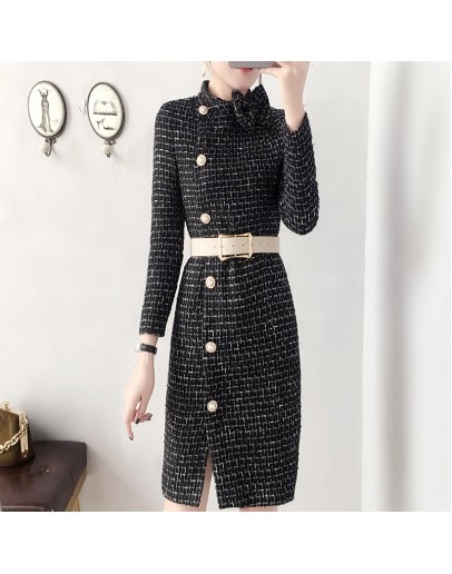 Autumn Winter Dress Women  Wool Tweed Dresses Women Elegant Side Split Belted Vestidos Female Office Work Robes