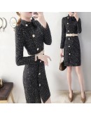 Autumn Winter Dress Women  Wool Tweed Dresses Women Elegant Side Split Belted Vestidos Female Office Work Robes