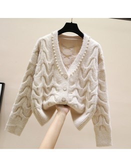 Autumn Winter Twist Knitted Cardigan Women  Casual V-Neck Beading Sweater Female Sweet Cardigans Thick Outerwear Coats