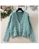 Autumn Winter Twist Knitted Cardigan Women  Casual V-Neck Beading Sweater Female Sweet Cardigans Thick Outerwear Coats