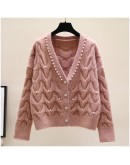 Autumn Winter Twist Knitted Cardigan Women  Casual V-Neck Beading Sweater Female Sweet Cardigans Thick Outerwear Coats