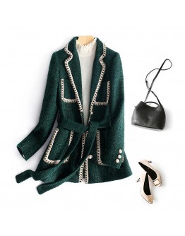  Elegant Spring Autumn Tweed Wool Coat European Fragrance Style Webbing Patchwork Sashes Coats Women Office Work Jacket