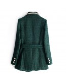  Elegant Spring Autumn Tweed Wool Coat European Fragrance Style Webbing Patchwork Sashes Coats Women Office Work Jacket