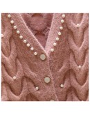 Autumn Winter Twist Knitted Cardigan Women  Casual V-Neck Beading Sweater Female Sweet Cardigans Thick Outerwear Coats