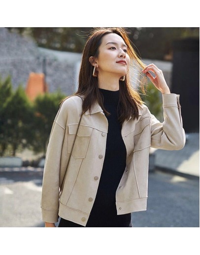  Autumn Short Suede Jacket Women   Thin Outerwear Coat Spring Casual Streetwear Beige Pink Chaquetas Mujer