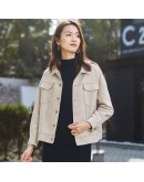  Autumn Short Suede Jacket Women   Thin Outerwear Coat Spring Casual Streetwear Beige Pink Chaquetas Mujer