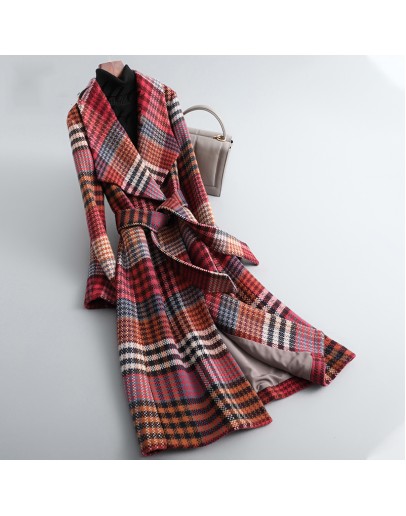 High  Autumn Winter Plaid Woolen Coats for Women Elegant Vintage Sashes Jacket Wool Coat Ladies Long Parka Plus Size