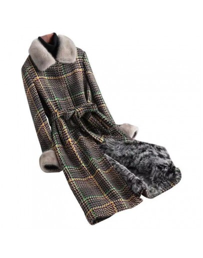 Autumn Winter Tweed Wool Coat Women  Style Plaid Long abrigos mujer invierno  Thick Warm Flocking Parka Plus Size