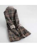 Autumn Winter Tweed Wool Coat Women  Style Plaid Long abrigos mujer invierno  Thick Warm Flocking Parka Plus Size