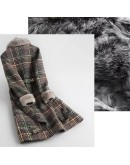 Autumn Winter Tweed Wool Coat Women  Style Plaid Long abrigos mujer invierno  Thick Warm Flocking Parka Plus Size