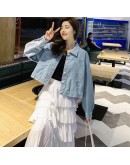 Streetwear Lace Patchwork Jean Denim Jacket Coat Women Oversized Spring Fall Embroidery Loose Overcoat cropped jacket Cloths