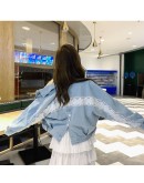 Streetwear Lace Patchwork Jean Denim Jacket Coat Women Oversized Spring Fall Embroidery Loose Overcoat cropped jacket Cloths