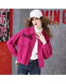 White Denim Jacket Women Letter Embroidery  Lapel Long Sleeve Jeans Jackets Streetwear Loose Casual Jeans Coat Plus Size