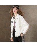 White Denim Jacket Women Letter Embroidery  Lapel Long Sleeve Jeans Jackets Streetwear Loose Casual Jeans Coat Plus Size