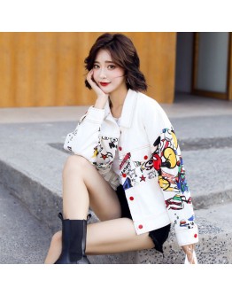  Spring Jacket Women  Fall White Denim Jackets Loose Short Coat Female Graffiti Print Jeans Coat chamarras de mujer