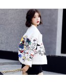  Spring Jacket Women  Fall White Denim Jackets Loose Short Coat Female Graffiti Print Jeans Coat chamarras de mujer