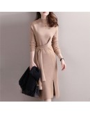 Elegant Autumn Half High Collar Wool Knit Dress Women Side Split Belt Midi Sweater Dresses Winter Thick Bottom Birthday Vestido