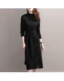 Elegant Autumn Half High Collar Wool Knit Dress Women Side Split Belt Midi Sweater Dresses Winter Thick Bottom Birthday Vestido