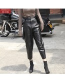 Autumn Winter  Women Harem Pants Adults High Waist Elastic PU Leather Trousers with Belt Female Streetwear Biker Pants