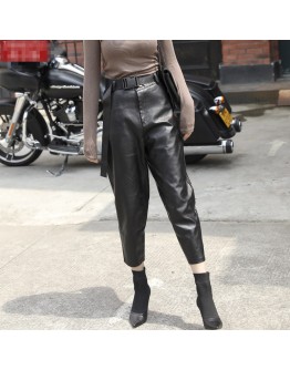 Autumn Winter  Women Harem Pants Adults High Waist Elastic PU Leather Trousers with Belt Female Streetwear Biker Pants