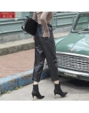 Autumn Winter  Women Harem Pants Adults High Waist Elastic PU Leather Trousers with Belt Female Streetwear Biker Pants