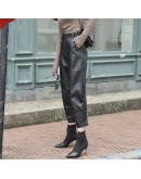 Autumn Winter  Women Harem Pants Adults High Waist Elastic PU Leather Trousers with Belt Female Streetwear Biker Pants