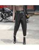 Autumn Winter  Women Harem Pants Adults High Waist Elastic PU Leather Trousers with Belt Female Streetwear Biker Pants