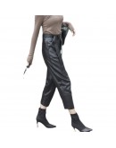 Autumn Winter  Women Harem Pants Adults High Waist Elastic PU Leather Trousers with Belt Female Streetwear Biker Pants