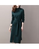 Elegant Autumn Half High Collar Wool Knit Dress Women Side Split Belt Midi Sweater Dresses Winter Thick Bottom Birthday Vestido