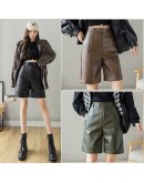 Autumn Winter  Women Harem Pants Adults High Waist Elastic PU Leather Trousers with Belt Female Streetwear Biker Pants