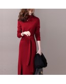 Elegant Autumn Half High Collar Wool Knit Dress Women Side Split Belt Midi Sweater Dresses Winter Thick Bottom Birthday Vestido