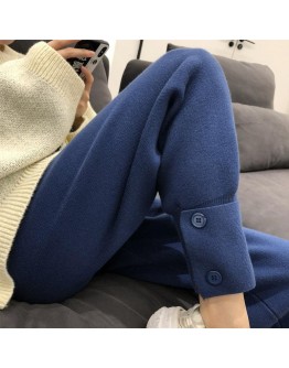  Autumn Winter Women Pants Knitted High Waist Wide Leg Pockets Ankle-Length Harem Lady Warm Trousers sweatpants