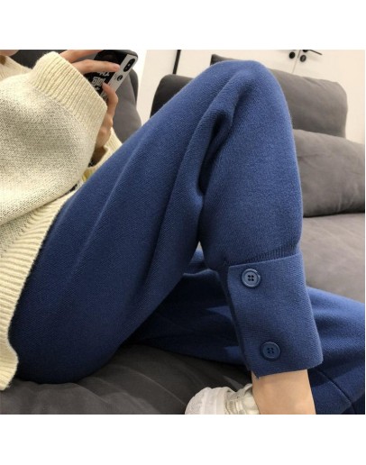  Autumn Winter Women Pants Knitted High Waist Wide Leg Pockets Ankle-Length Harem Lady Warm Trousers sweatpants