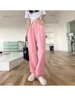 Autumn  Streetwear Harajuku Jeans High Waist Pink Women's Jean Pants Buttons Long Denim Wide Leg Pant Chic Trouses