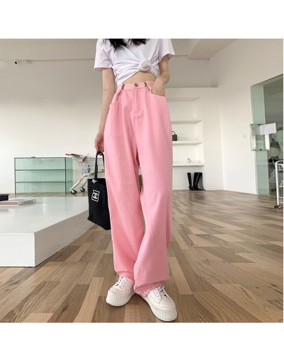 Autumn  Streetwear Harajuku Jeans High Waist Pink Women's Jean Pants Buttons Long Denim Wide Leg Pant Chic Trouses