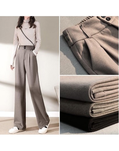 Long Wide Leg Wool Pants Women's Autumn Winter High Waist Loose Casual Mopping Drape Straight Leg Trousers Black Pantalones