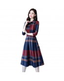 Spring Plaid Dress Women  Elegant Long Sleeve Belted Dresses Turn-down Collar Long Dress Ladies Autumn Office Robe Femme