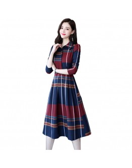 Spring Plaid Dress Women  Elegant Long Sleeve Belted Dresses Turn-down Collar Long Dress Ladies Autumn Office Robe Femme