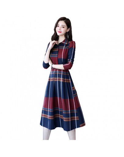 Spring Plaid Dress Women  Elegant Long Sleeve Belted Dresses Turn-down Collar Long Dress Ladies Autumn Office Robe Femme