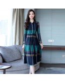 Spring Plaid Dress Women  Elegant Long Sleeve Belted Dresses Turn-down Collar Long Dress Ladies Autumn Office Robe Femme