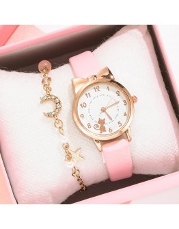  Women Watches Cat Pattern Leather Ladies Wrist Watches Dress Students Children Pink Watch Girl Gift Clocks Montre Femme