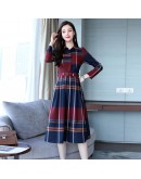 Spring Plaid Dress Women  Elegant Long Sleeve Belted Dresses Turn-down Collar Long Dress Ladies Autumn Office Robe Femme