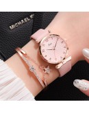 Women Watches Bracelet Set Flowers Ladies Bracelet Watch Casual Leather Quartz Wristwatch 2pcs Set Clock Gifts Relogio Feminino