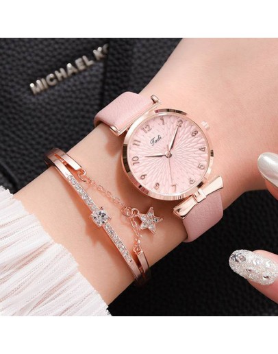 Women Watches Bracelet Set Flowers Ladies Bracelet Watch Casual Leather Quartz Wristwatch 2pcs Set Clock Gifts Relogio Feminino