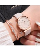 Women Watches Bracelet Set Flowers Ladies Bracelet Watch Casual Leather Quartz Wristwatch 2pcs Set Clock Gifts Relogio Feminino